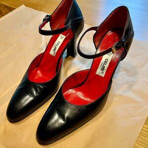 CELINE Paris Black Leather Heels, 35.5 Vintage Red Lined Pumps Authentic Cert.